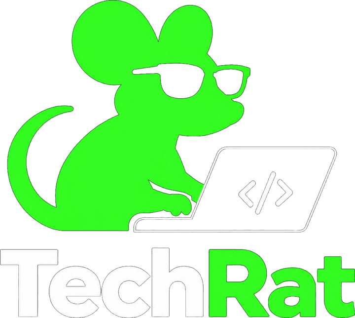 TechRat logo: a green rat with sunglasses coding on a laptop